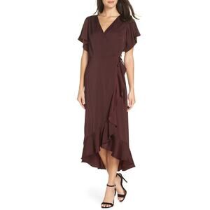 Chelsea28 Burgundy Maroon Flutter Sleeve Ruffle V-Neck Wrap Dress S